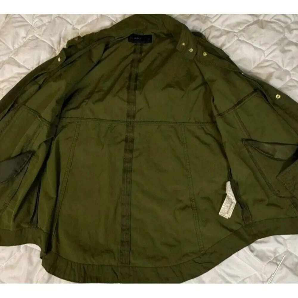 Zara Basic Ladies XL Green Military Jacket Snap Front Pockets Faux Hood‎ Zip